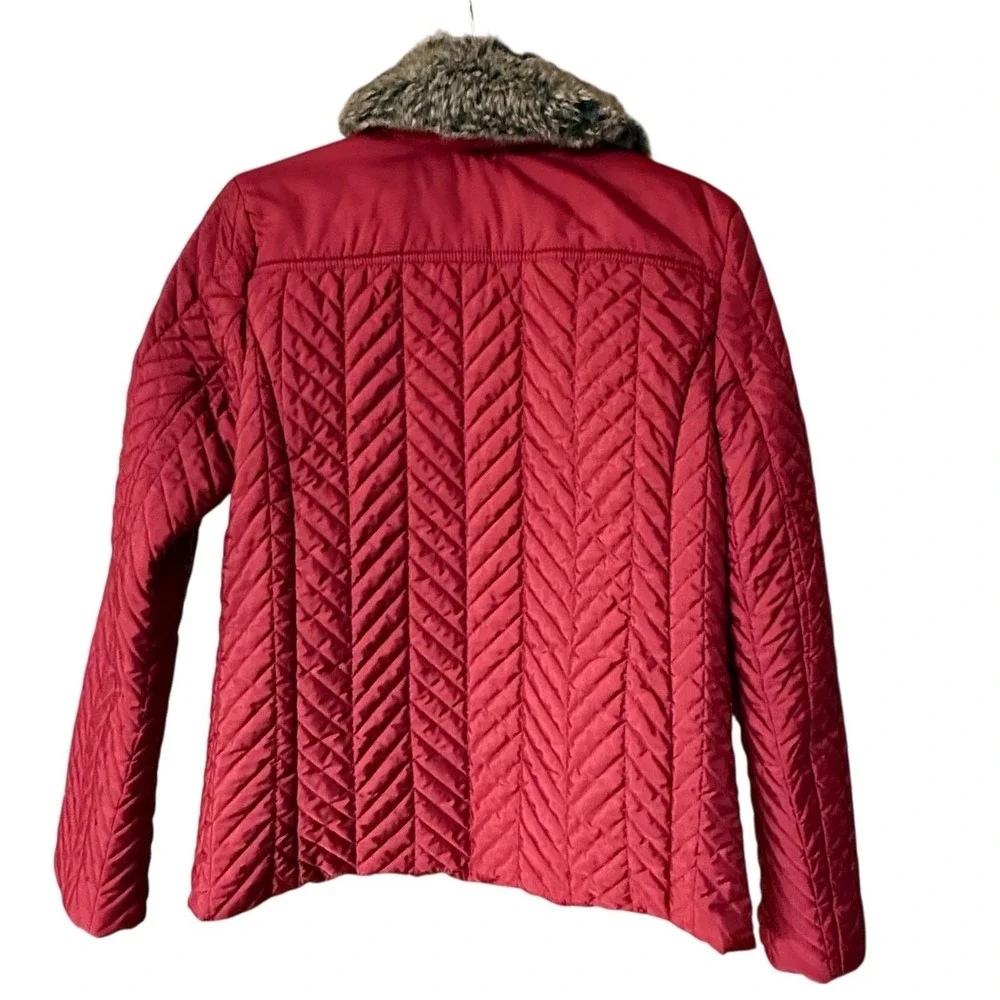 Charter Club Quilted‎ Jacket Womens M Red Faux Fur Collar Chevron Puffer Zip